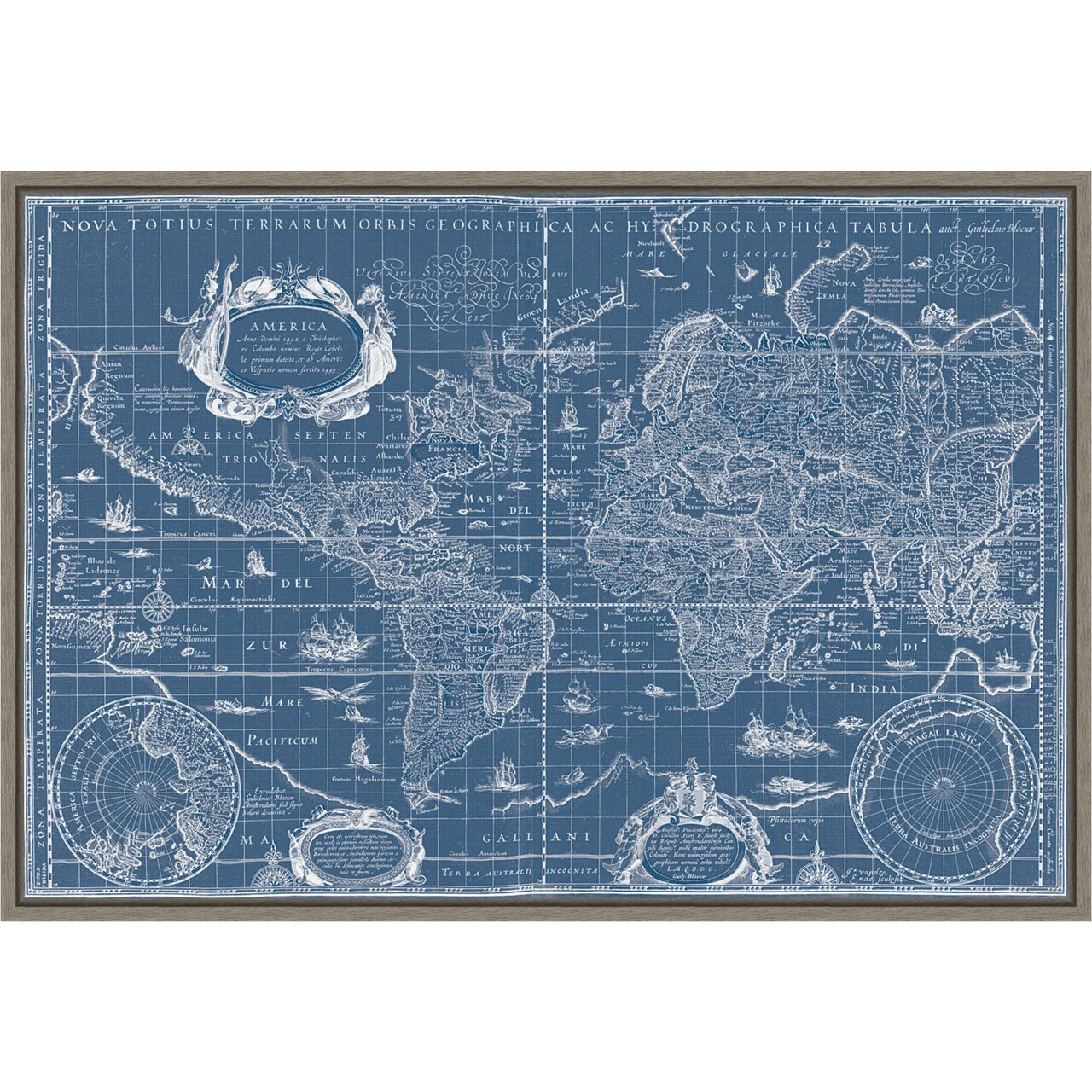 Blueprint World Map by Willem Blaeu 23-in. W x 16-in. H. Canvas Wall Art Print Framed in Grey